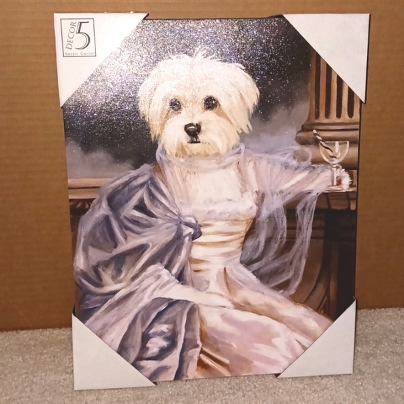 Decor 5 Artist Group Other - New Maltese print on wrap-around canvas  Dog in dress w/ drink. Picture wall art